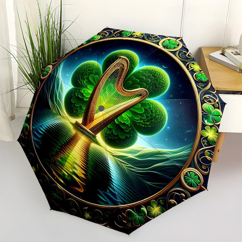 Ireland's Luck: Four-Leaf Clover & Golden Harp Art Print Umbrella, Cute Umbrella with Cute Design, Portable 3-Fold Compact Umbrella for Men & Women, V