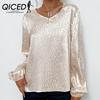 QICED Весенне-осенняя рубашка с v-образным вырезом и леопардовым принтом, женская жаккардовая рубашка с длинным рукавом