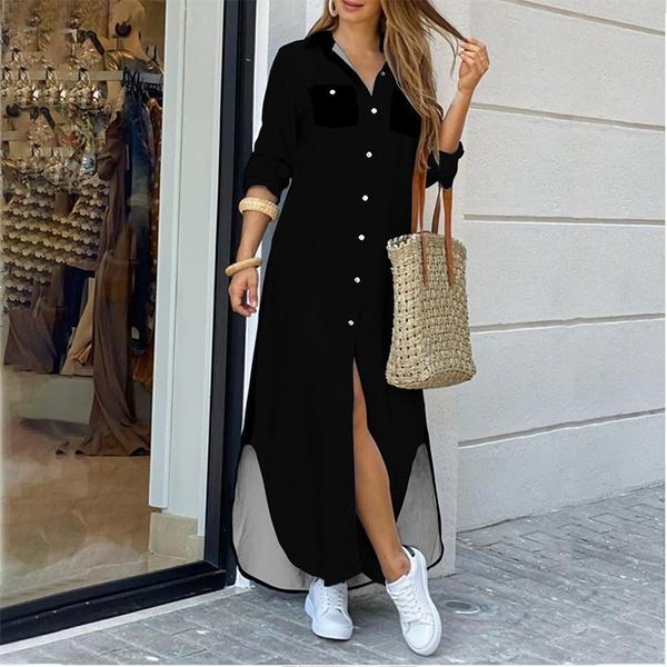 Women Fashion Long Sleeve Plain Shirt Dresses Lapel Collar Button V Neck Slit Irregular Hem Maxi Dress