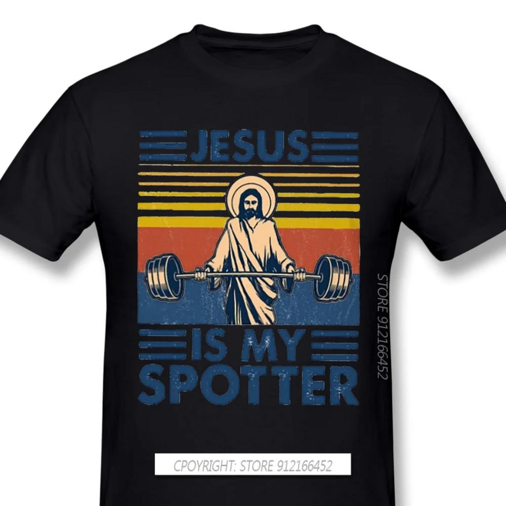 Men Bodybuildin Pumpin Trainin Slim Fit Black T-Shirts Fitness Jesus Is My Spotter TShirt Pure Cotton Tee Harajuku Shirt
