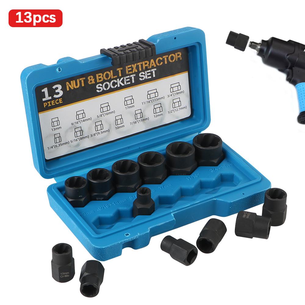 Damaged Stripped Nut and Bolt Remover Kit 3/8" Impact Bolt Nut Screw Remover Tool Set Nut Extractor Socket Socket Wrench 13PCS