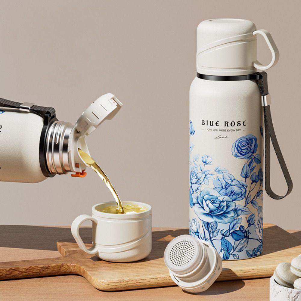 Stainless Steel Travel Mug 620ml Thermal Cup Portable Flower Pattern Thermos Bottle  Outdoor