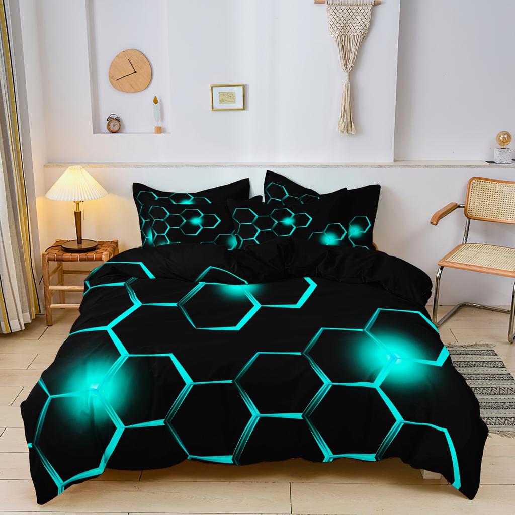 3pcs Geometric 3D Hexagonal Honeycomb Pattern DuvetCover SetDigital Print Colorful Polyester Bedding with Zipper Closure