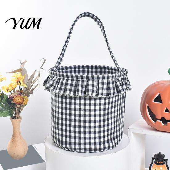 Holiday Decorative Storage Bins Halloween Basket, Plaid Ruffle Trick or Treat Candy Bucket with Handle Christmas Present Pouches for Kids, Reusable
