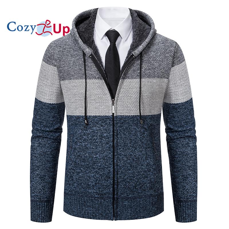 Cozy Up Autumn  Hooded Warm Sweater for Men with Thick and Velvet Men Knitted Sweatercoats Patchwork Jacket Male