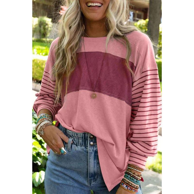 Polyester Striped Casual Long Sleeve T Shirt For Women With Color Block Design For Spring
