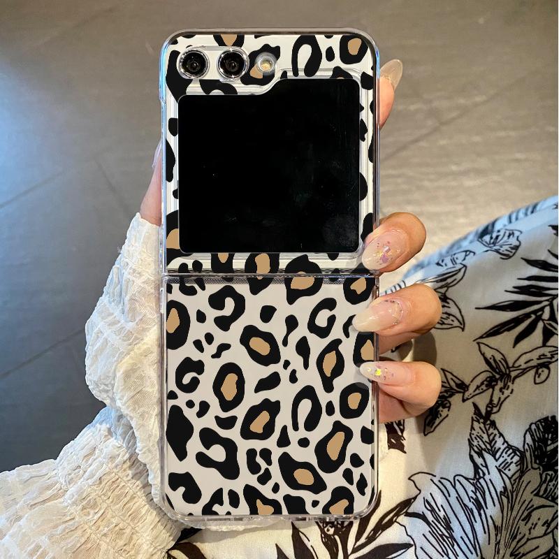Transparent Leopard Pattern Folding Phone Case For Samsung Galaxy Z Flip 7 6 5 4 3 Hard Cover For Samsung Z Flip7 FE Flip6 Flip5