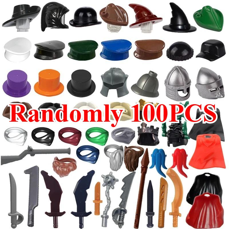 MOC Medieval Knights Building Blocks Solider Figures Accessories Wizard Farmer Craftsman Hat Cloak Mask Fire Spear Sword Bricks