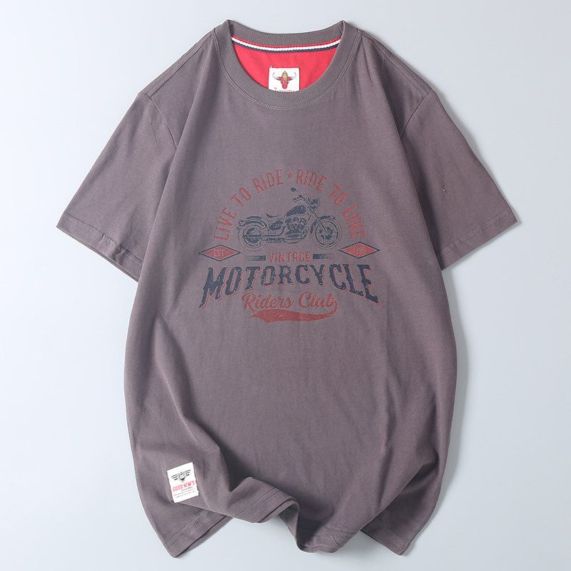 Vintage Motorcycle Element Print Short-Sleeve T-Shirt, Export Quality, Summer Men's All-Cotton Round-Neck Casual Half-Sleeve