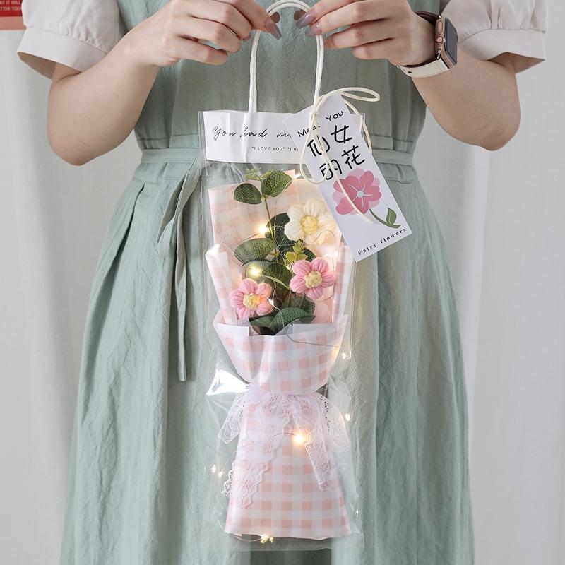 LED Knitted Flower Bouquets Finished Woven Bouquet Crochet Flower Decorations Artificial Flowers Wedding Decor Birthday Gifts