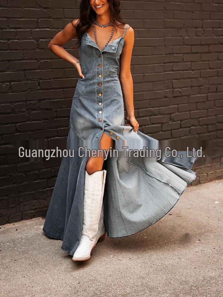 European & American Retro Washed Denim Suspender Swing Dress for Women