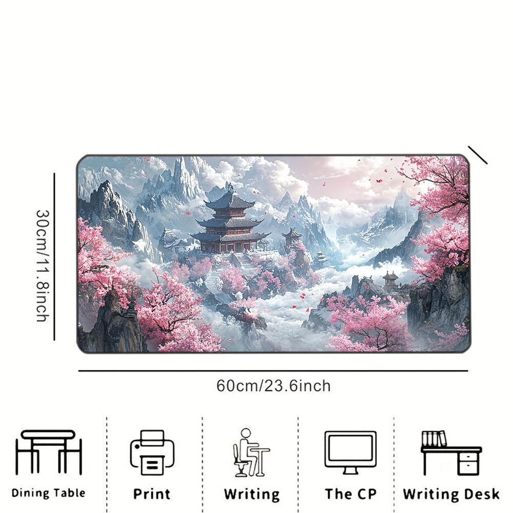 Sakura Mountain Pagoda Printed Desk Pad Extra Large Soft Rubber Mouse Pad Serene Aesthetic Gaming Keyboard Mat Multi-Size