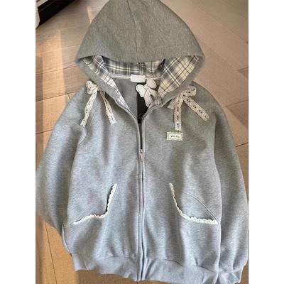 Толстовки с кружевной вставкой и капюшоном для женщин, милая толстовка с бантом и длинным рукавом, в стиле преппи, сладкая, свободного кроя, с длинным рукавом, женская, серая верхняя одежда