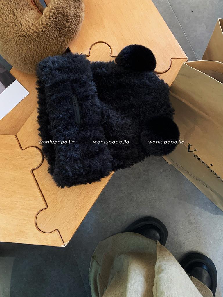 Elegant Bear Plush Knit Hat For Women Winter Warm Thick Fur Beanie Cap