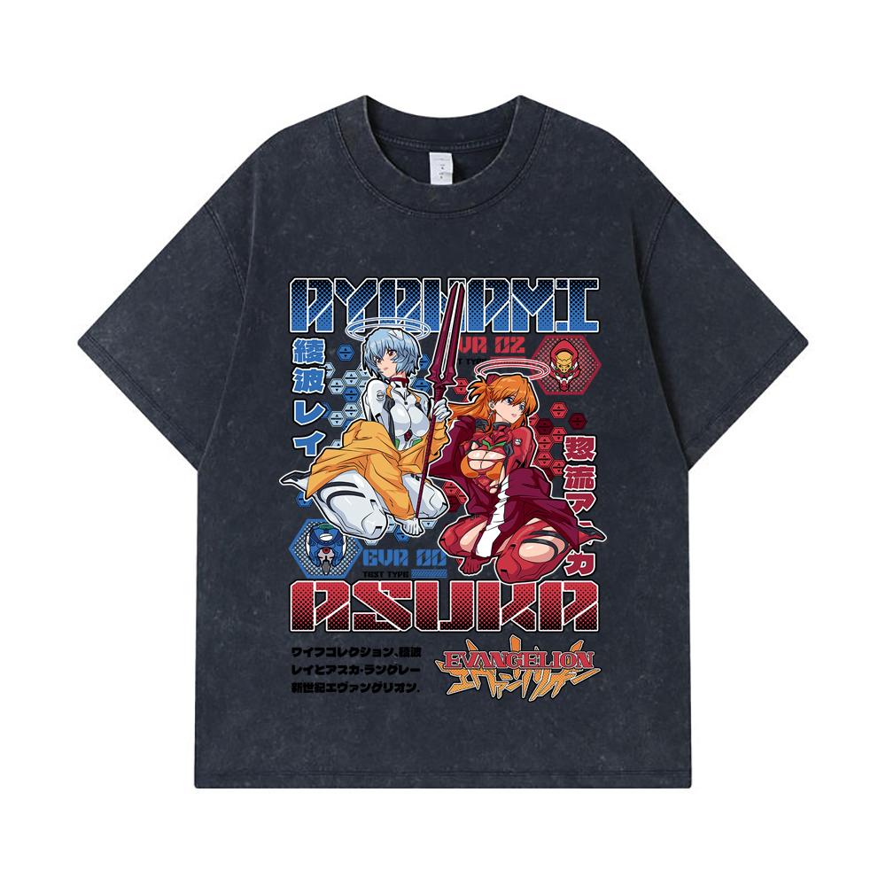 275 GSM Washed T-shirts 100% Cotton Evangelion V2 Asuka Rei Print Unisex Heavy Cotton T Shirt
