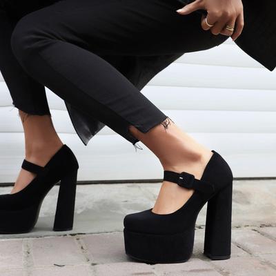 Флок Черные Женские Туфли-Лодочки Сексуальные Готические Туфли на Платформе на Высоком Каблуке Женские с Ремешком на Щиколотке Офисные Вечерние Танцевальные Фетиш-Туфли 2025 Весна