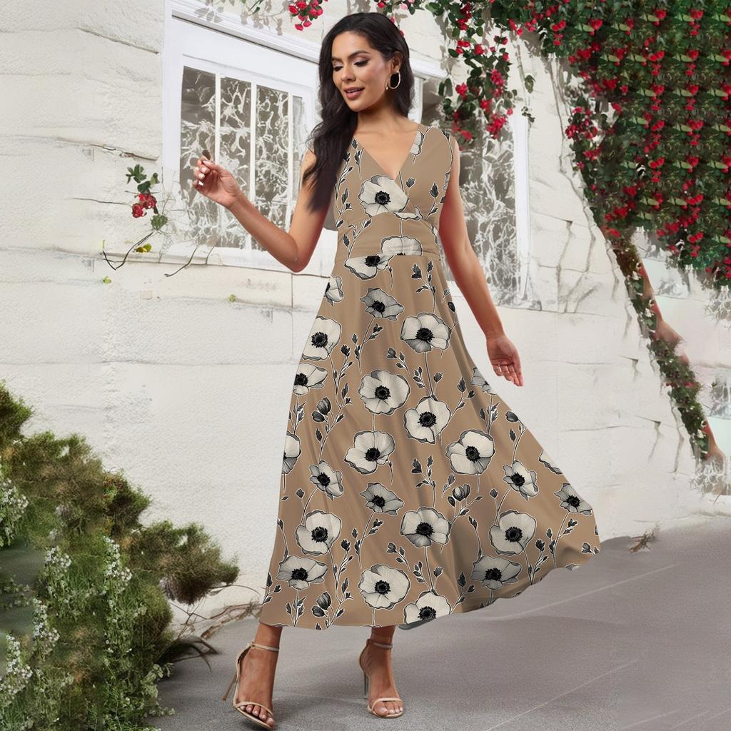 Women's Casual And Fashionable Floral Print V-Neck Sleeveless Dress Sleeveless Dress