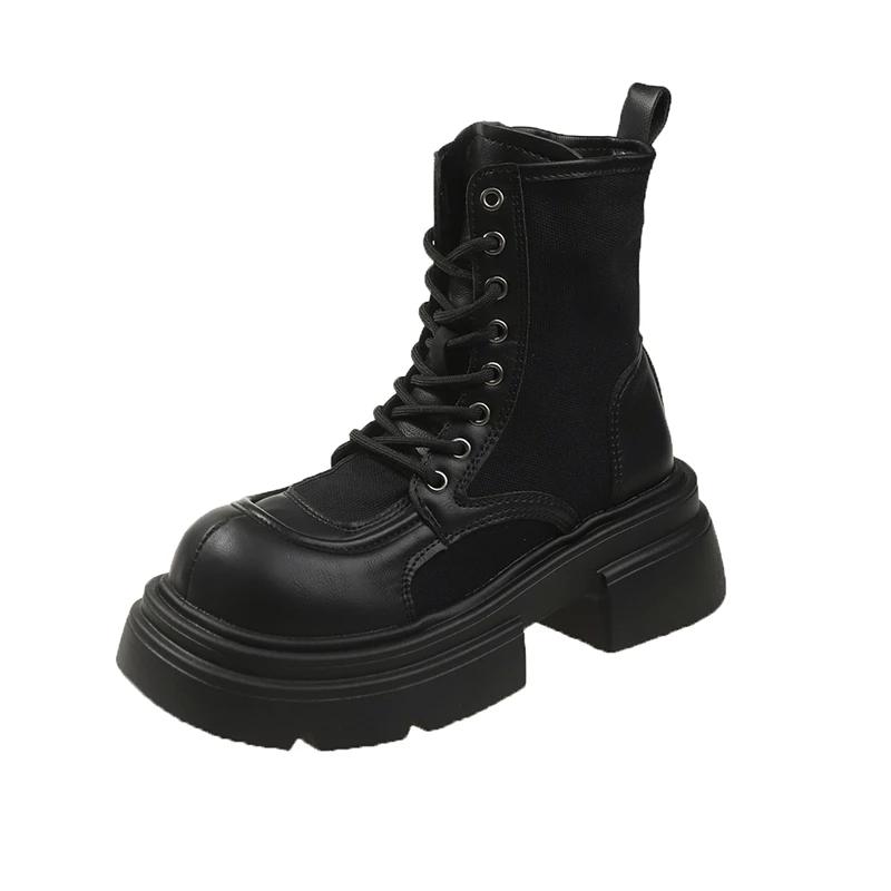 Модные ботильоны на блочном каблуке Женская мода Круглый носок Скомбинированная замша Шнуровка спереди Платформа Нескользящие Износостойкие Одинарные туфли