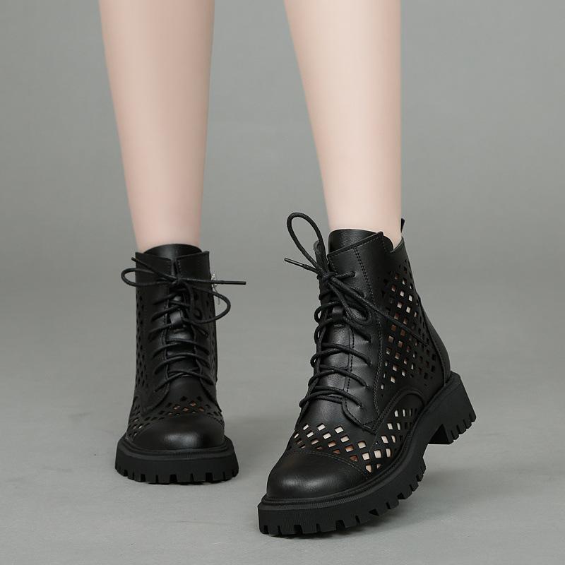 Leather Hollow Martin Boots Women's Sandals 2025 Summer New Women's Shoes Popular Short Boots Breathable Mesh Hole Shoes