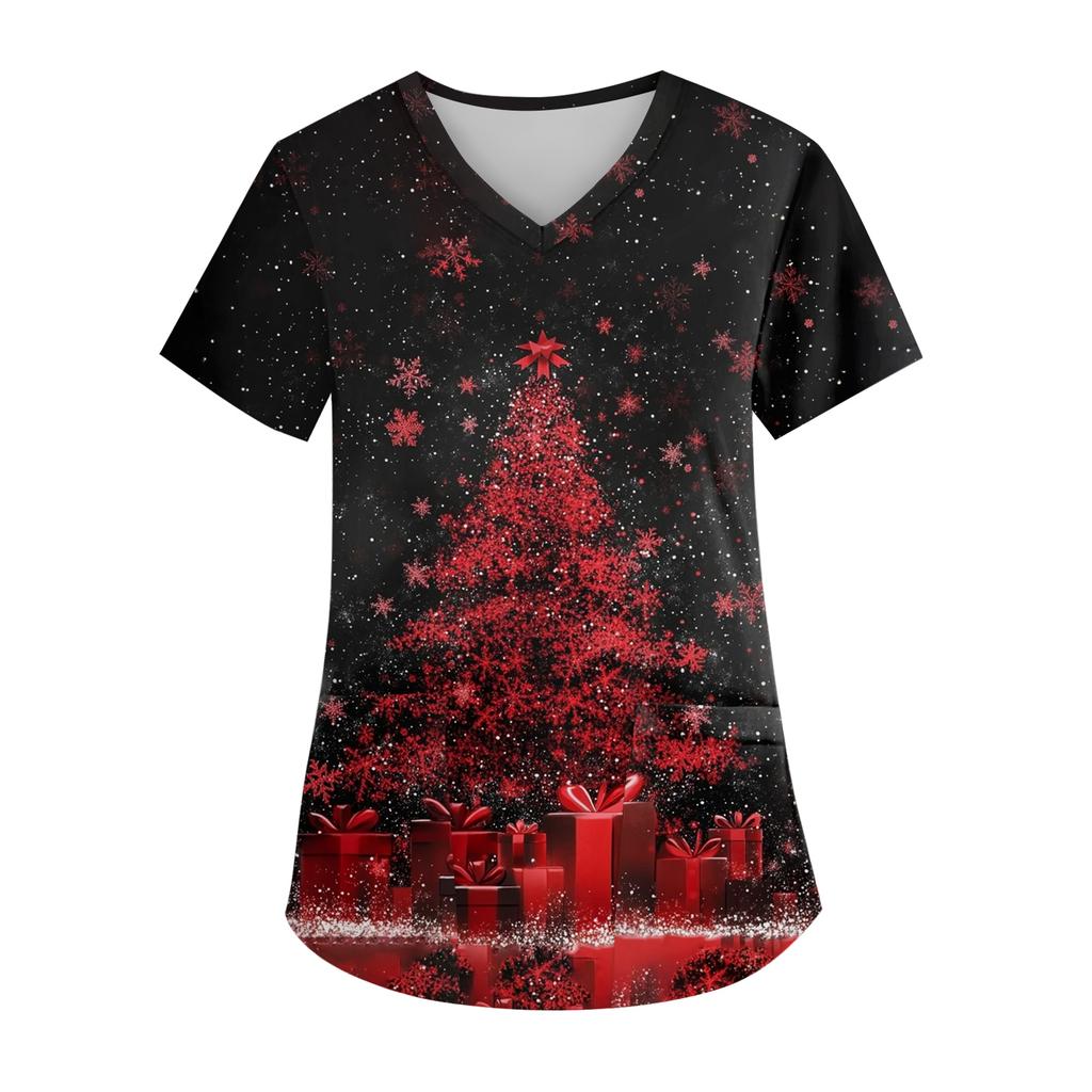 Women's V-neck Christmas Print Short-sleeved Pocket Side Slit Uniform Top