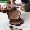 Pedoleco Wooden Coasters, 3-Piece Set, Plum Blossom Shape, 9.59.51cm, Black Walnut, Handmade, Stylish Tea Trays, Dessert Plates, Thick, Waterproof,