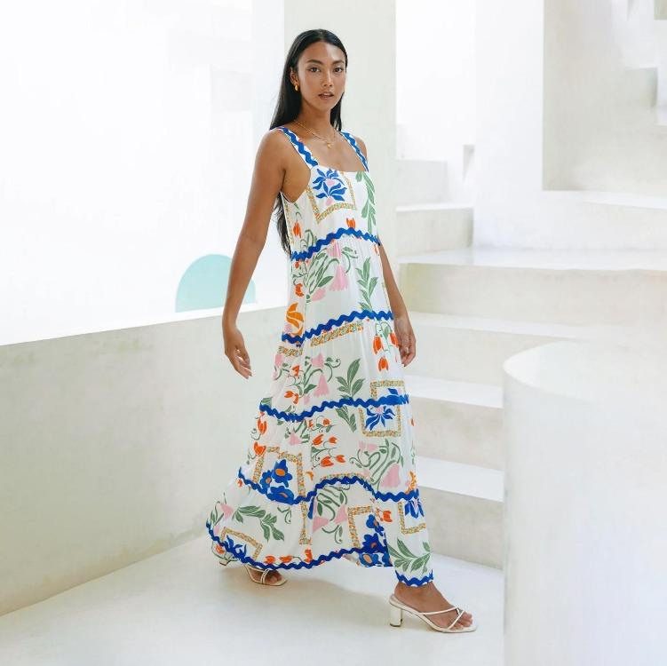 Женское летнее платье без рукавов, платье-свинг, с высокой талией, А-силуэта, без бретелей, длинная майка, повседневные платья, весенняя волна, на бретелях, S-XL