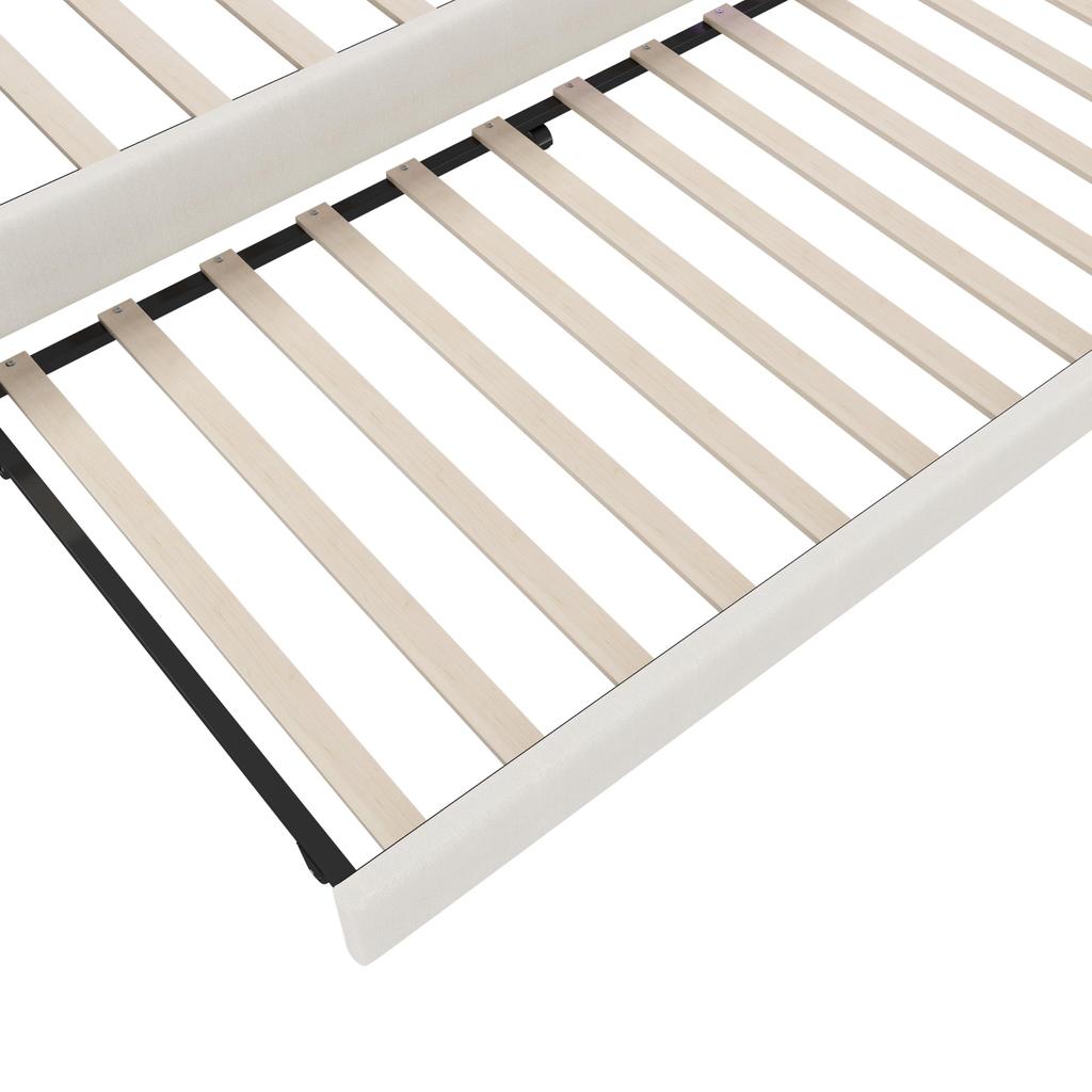 Sofa Bed 140x200 Cm Extendable LED Strip USB+Type-C Storage Compartment Slatted Frame Linen Bed Frame Without Mattress Beige