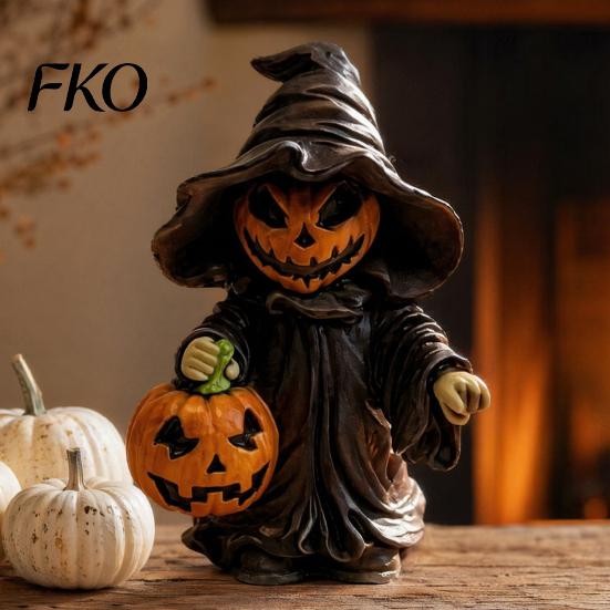 Small Halloween Pumpkin Decor Witch Statue with Pumpkin, Cute in Pointed Hat & Black Robe, Resin Gothic 3D Carving Decoration Tabletop for Desk