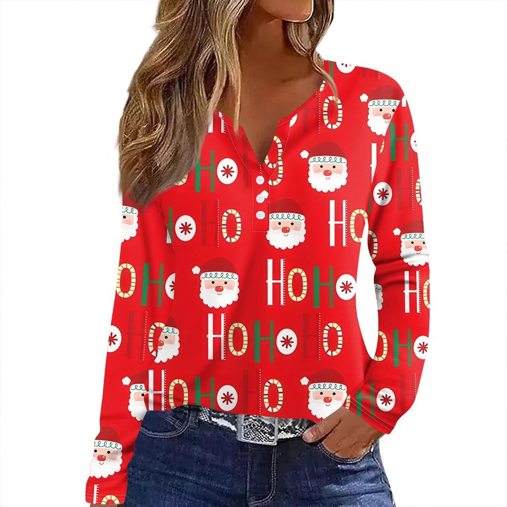 Women's T Shirt Tee Christmas Print Button Long Sleeve Daily Weekend Fashion Basic V- Neck Regular Top