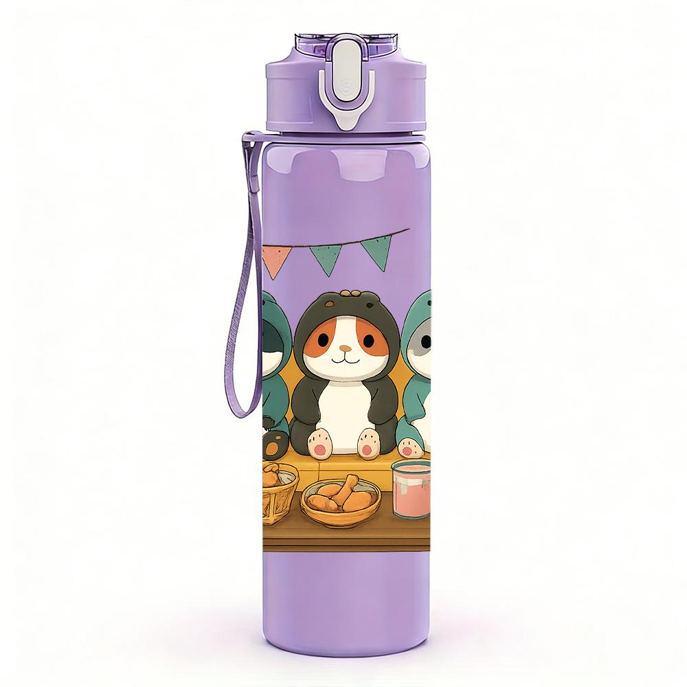 1PC Three Relaxed Cartoon Cats 750ml Color Plastic Sports Water Bottle Leakproof Flip Straw Lid For Sports Office Home Use