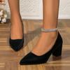Мода 2024 Обувь высокого качества Женские туфли-лодочки Осенние с острым носком Однотонные Платье Вечеринка Блочный каблук Мелкие Большого размера
