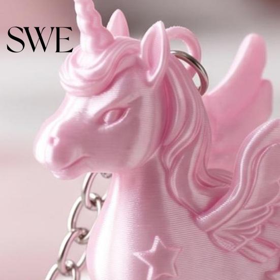 Bag Charm Keychain Pendant Heart-Shaped Metal Lobster Clasp Smooth Open Close 3D Printed Pink Pearlescent Unicorn