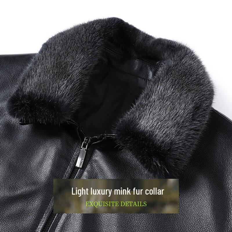 Futin Men's Winter Top-Grain Cowhide Leather Jacket with Mink Fur Collar