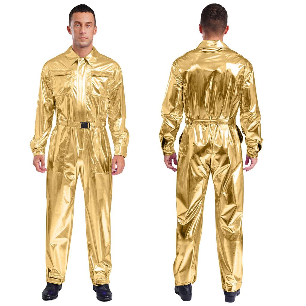 Mens Shiny Metallic Turn Down Collar Long Sleeve High Waist Jumpsuit Halloween Costume