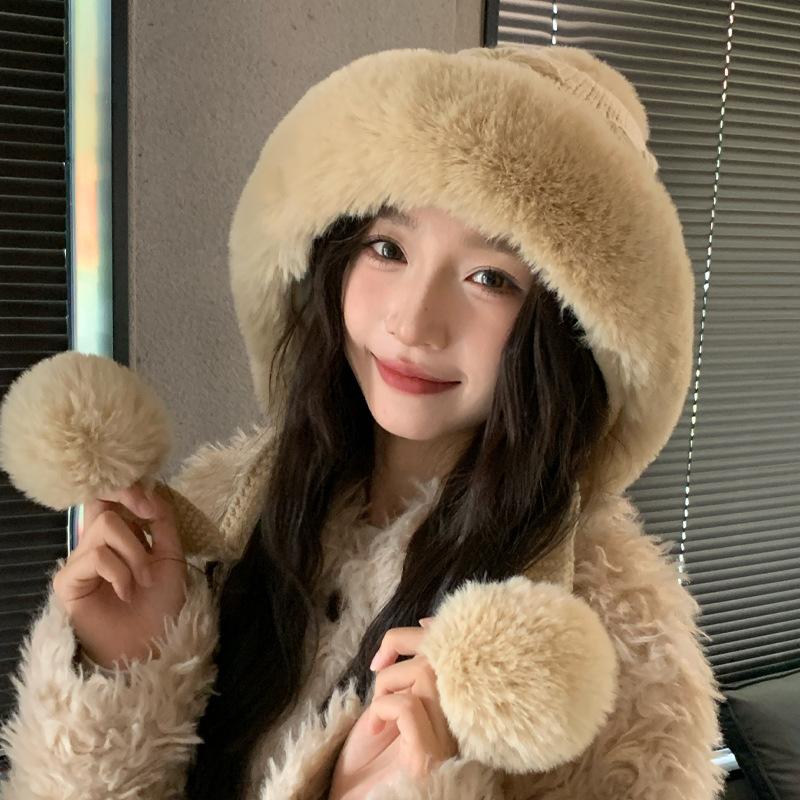 Hat female cute bear ears thickened fluffy hat autumn and winter versatile flower knitted hat outdoor windproof warm hat