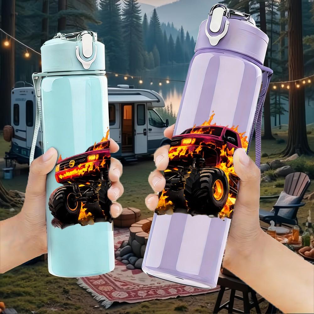 1PC Burning Fire Monster Truck Print 750ml Color Plastic Sports Water Bottle Leakproof Flip Straw Lid Suitable for Sports Office Home Use
