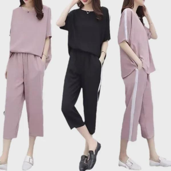 Корейский женский повседневный костюм-двойка больших размеров - Летняя коллекция, свободный крой, короткие рукава с укороченными брюками