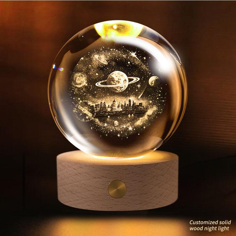 Personalized Custom Laser Engraved Crystal Ball Night Light Wooden Base Gift Commemorate Family and Important Days