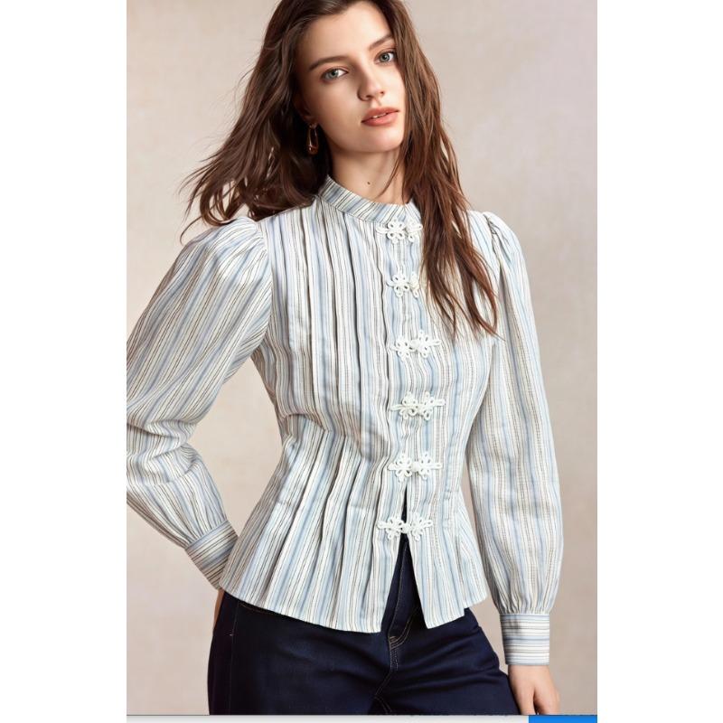 Women S Summer Striped Long Sleeve Waist Tied Casual Chinese Style Shirt