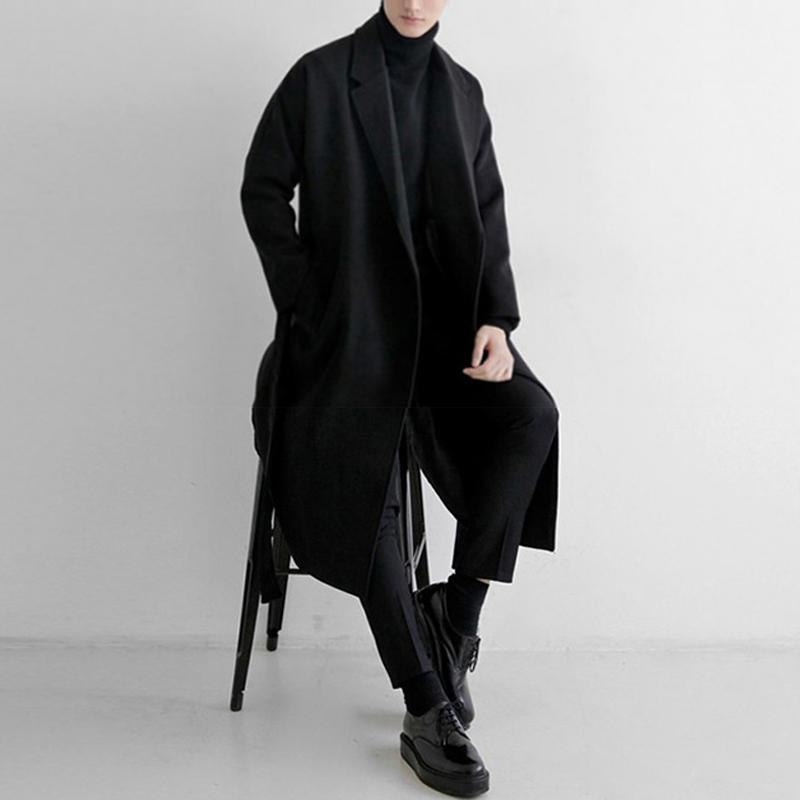 Men's Trendy Long Black Wool Blend Winter Trench Coat Overcoat with Gothic Windbreaker Design