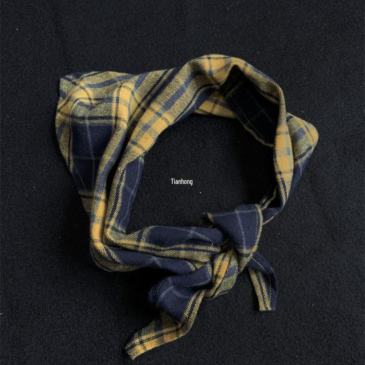 Trendy Japanese Plaid Scarf & Tie-on Hat Set for Men and Women - Blue/Yellow Neck Warmer