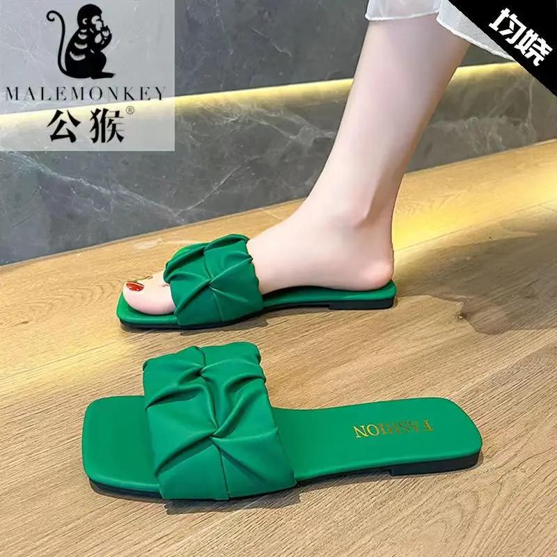 Модные популярные женские туфли 2024 года, летние, высокого качества, однотонные, с открытым носком, повседневные, на низком каблуке, удобные, для дома, женские тапочки