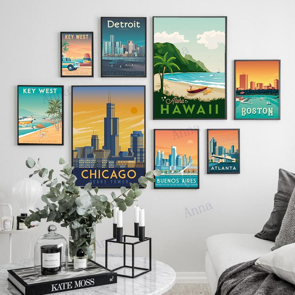 Нью-Йорк Бостон Гавайи Озеро Тахо Чикаго дорожный постер настенный художественный принт холст живопись скандинавские постеры и принты настенные панно