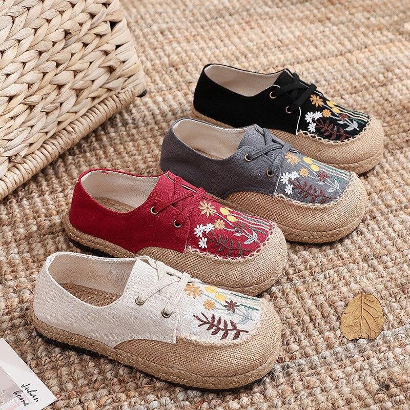 Johnature Flats Women Shoes Embroider Retro Lace-up Round Toe Cotton Linen Handmade Concise Comfortable Ladies Shoes