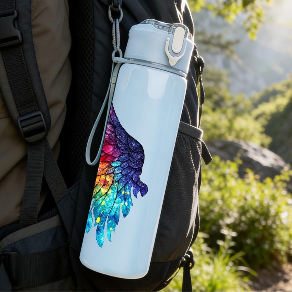 1PC Rainbow Color Feather Wings Pattern 750ml Color Plastic Sports Water Bottle Leakproof Flip Straw Lid Suitable for Sports Office Home Use
