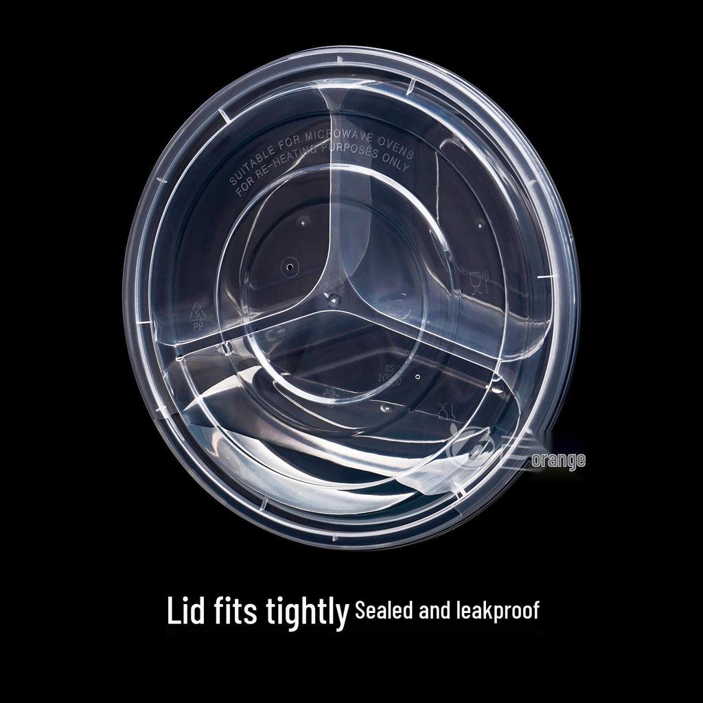 European & American Round Three-Compartment Disposable Lunch Box, Thickened Transparent Black Container for Takeaway Packaging