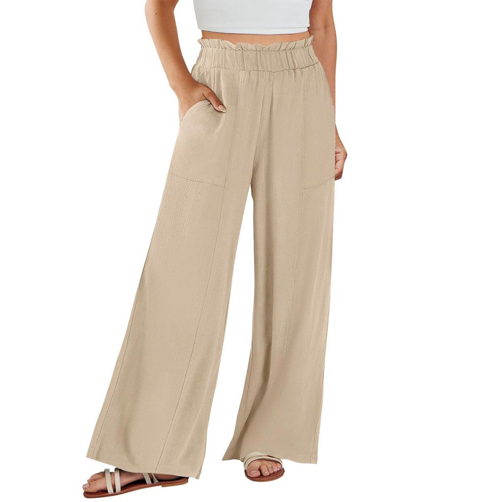 Женские хлопковые льняные брюки, летние широкие повседневные свободные брюки-палаццо с высокой талией и шнурком, брюки с карманами
