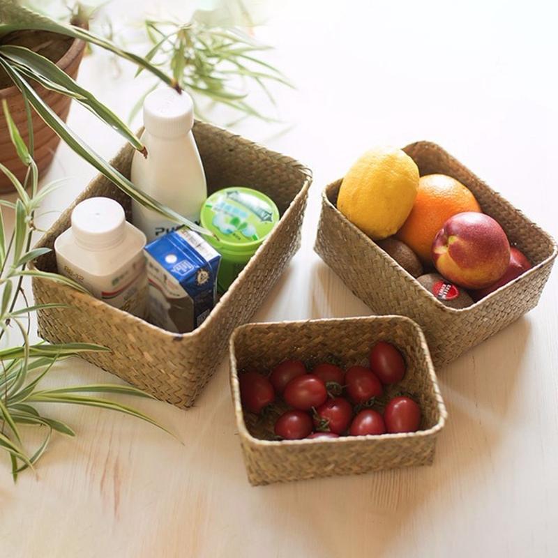 Плетеные корзины для хранения, корзина для морской травы, настольный органайзер для всякой всячины, коробка для фруктов, закусок, косметики, паньер, ассортимент