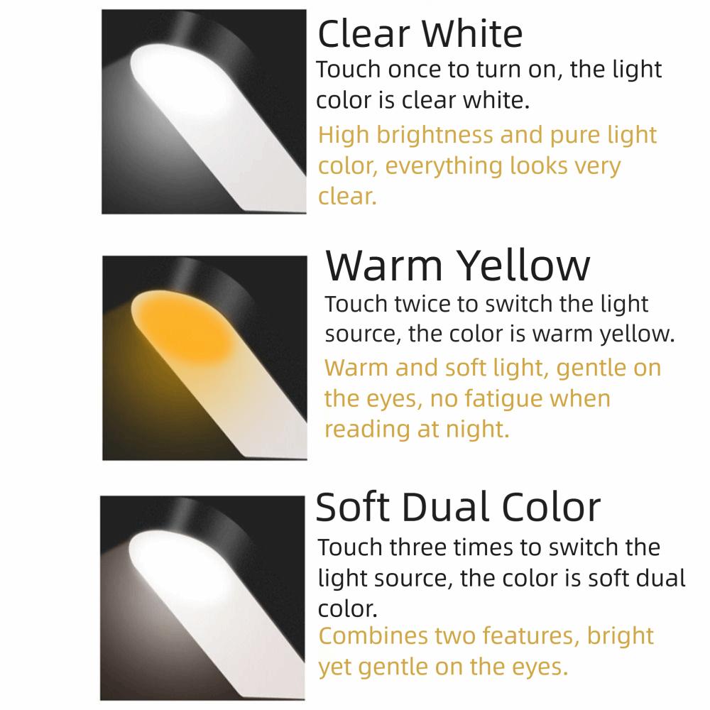 Регулируемая лампа-клипса для книги, сгибаемая на 360 градусов, портативная лампа-прищепка, ночник, 3 цвета, сенсорное затемнение, светодиодные лампы для чтения, прикроватная