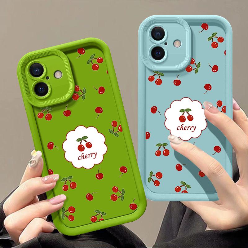 Для iPhone 16 Pro 15 14 Plus 13 12 Pro Max 11 Xs Xr 8 7 Cherry Pattern матовый ударопрочный мягкий TPU защита линз противоударный чехол конфетного цвета
